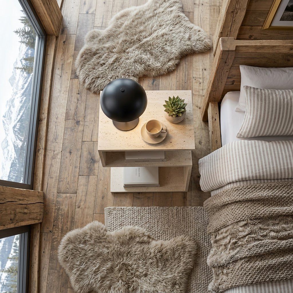 Scandinavian Travertine-Look C-Shaped Nightstand with Open Shelf