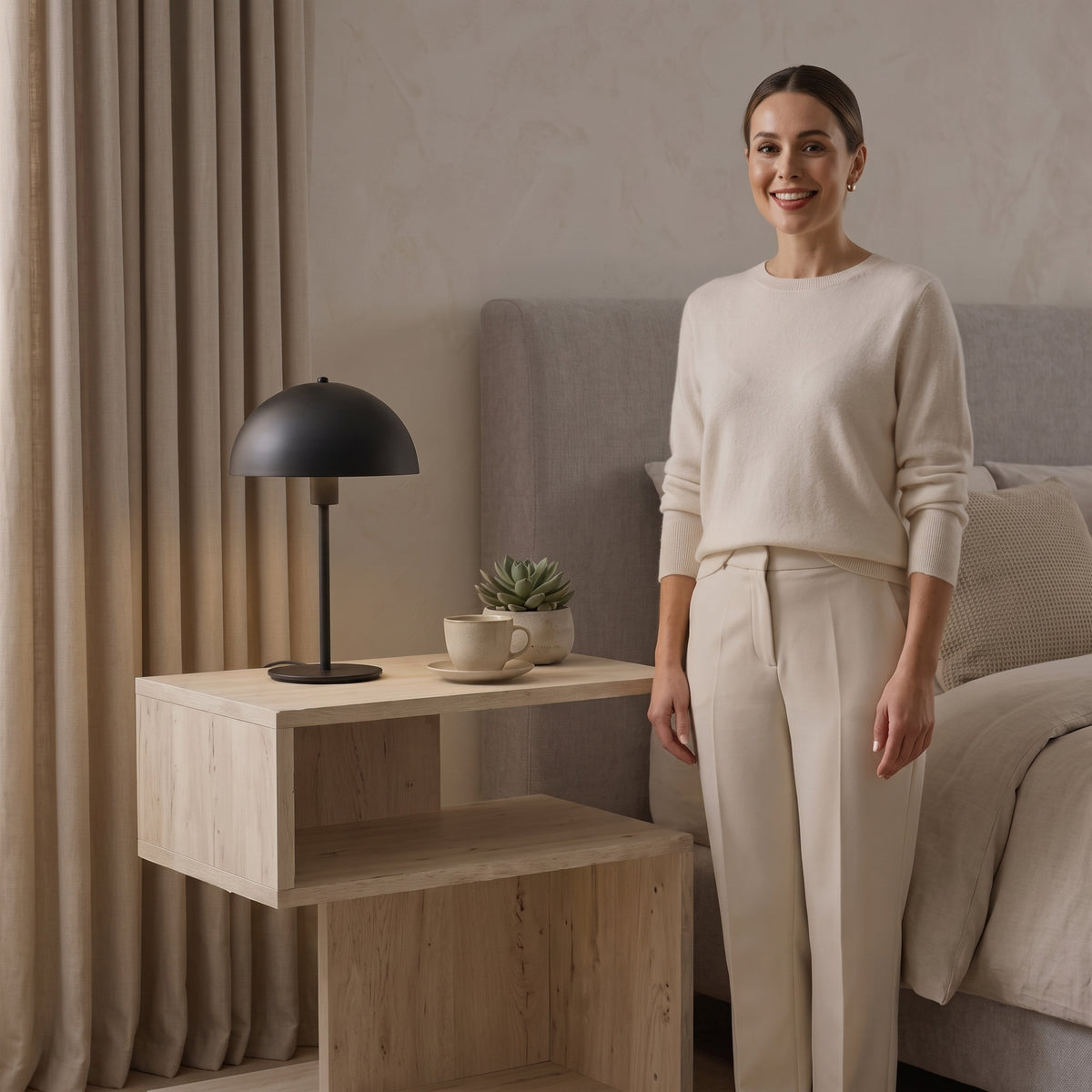 Scandinavian Travertine-Look C-Shaped Nightstand with Open Shelf