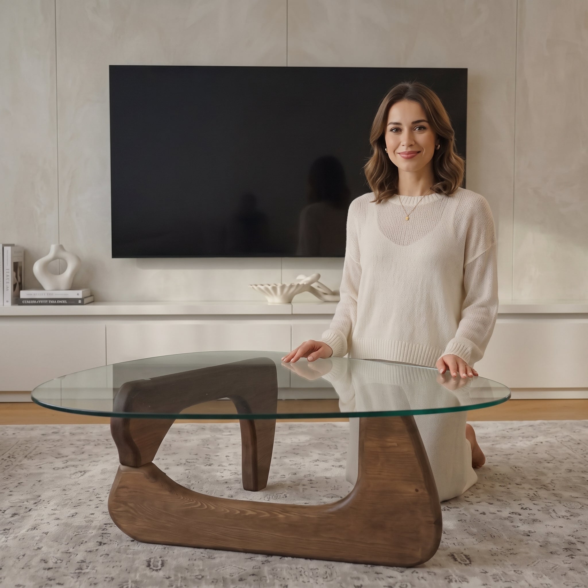 Organic Shape Tempered Glass Coffee Table | Walnut-Colored Wooden Base