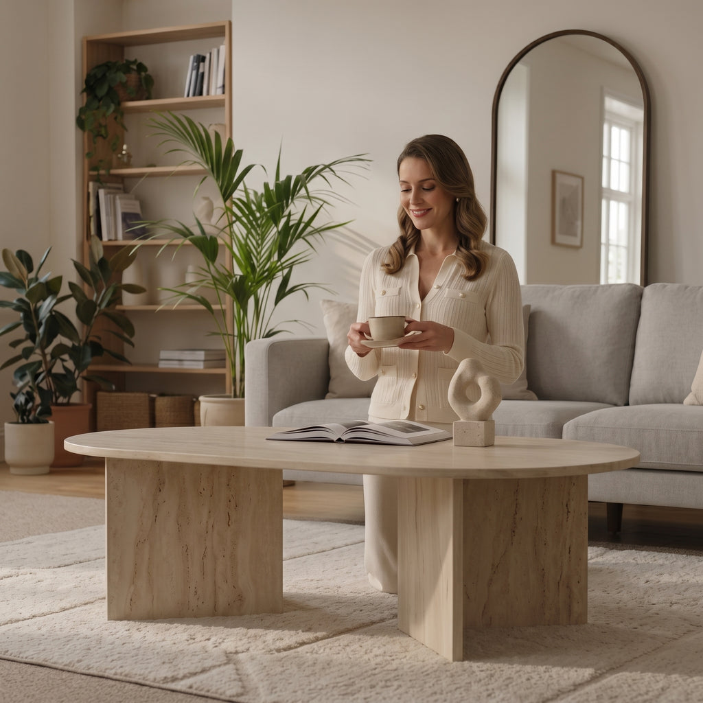 Travertine Effect Elliptical Coffee Table | Modern Living Room Table