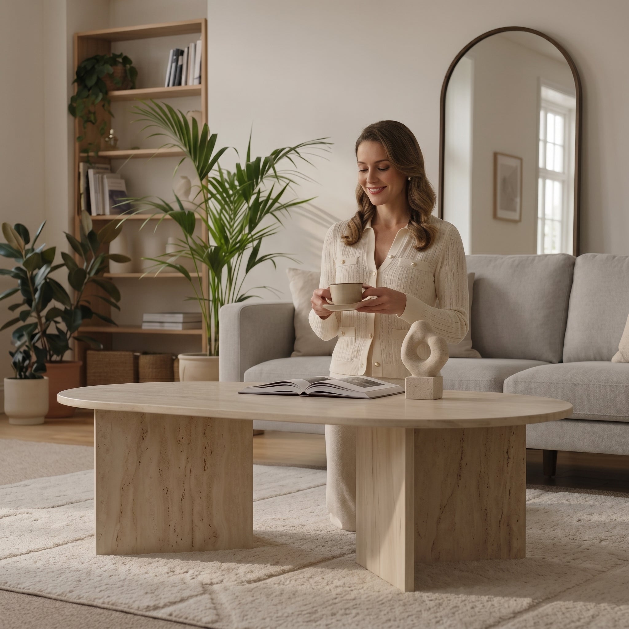 Travertine Effect Elliptical Coffee Table | Modern Living Room Table