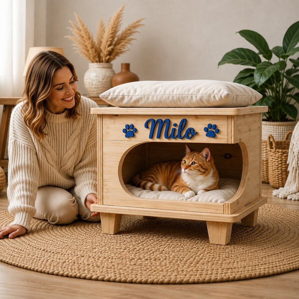 2-in-1 Personalized Natural Wood Cat House & Stool – Poplar Wood Cat Bed with Lambswool Cushions