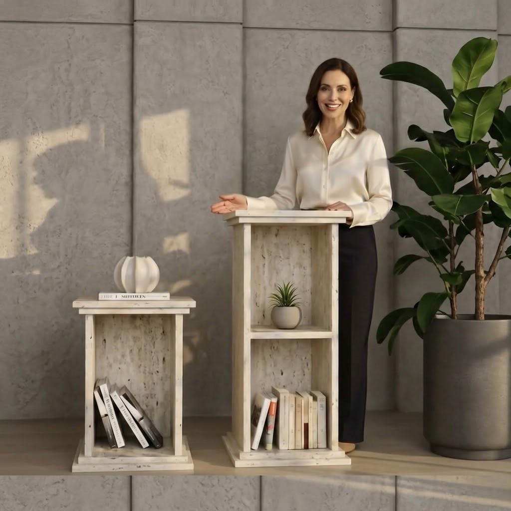 Set of 2 Column-Style Side Tables – Modern Bohemian Design with Travertine-Inspired Finish