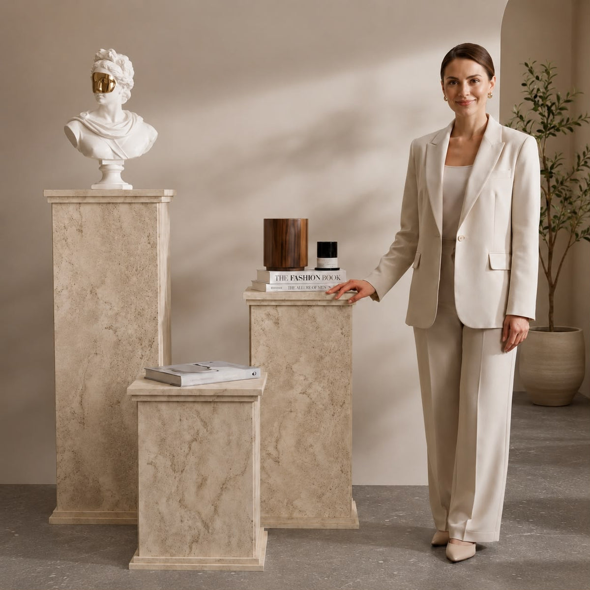 Travertine Side Table – Modern Decorative Pedestal Table